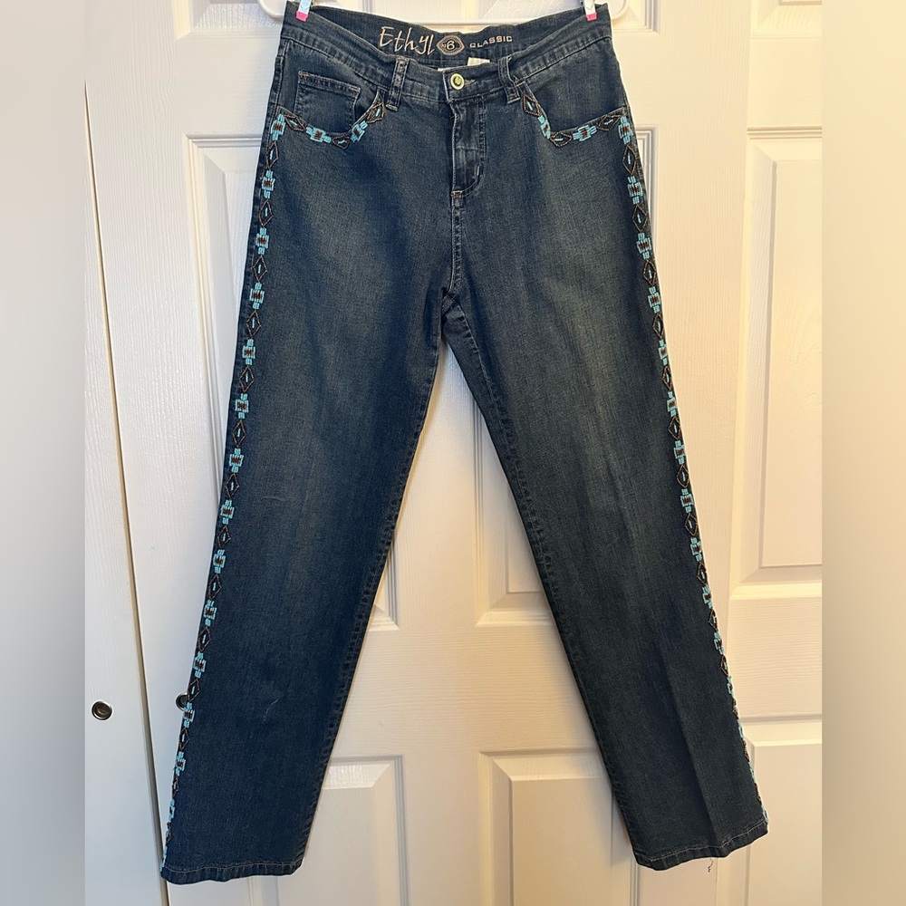 Women's Dark Blue Embroidered Straight Leg Jeans